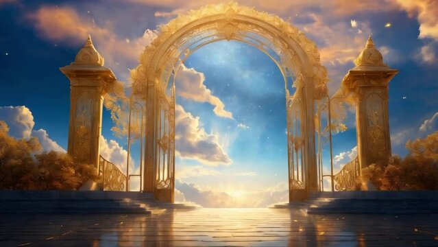 天国への輝く門 青空ときらめく階段が広がる風景