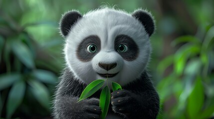 Obraz premium Adorable panda cub holding bamboo leaves in a lush forest, close-up. Wildlife conservation and nature concept