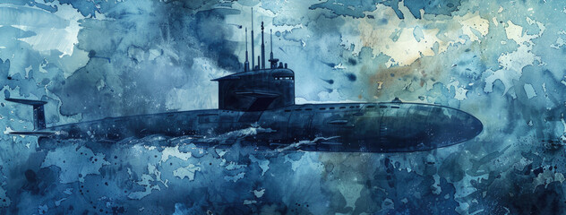 Fototapeta premium Submarine Illustration with Blue Watercolor Wash