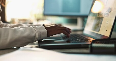 Girl, hands and typing on laptop for web design or business homepage for event planning company or agency. Woman, online and portfolio display for project or brand identity, home office and website.