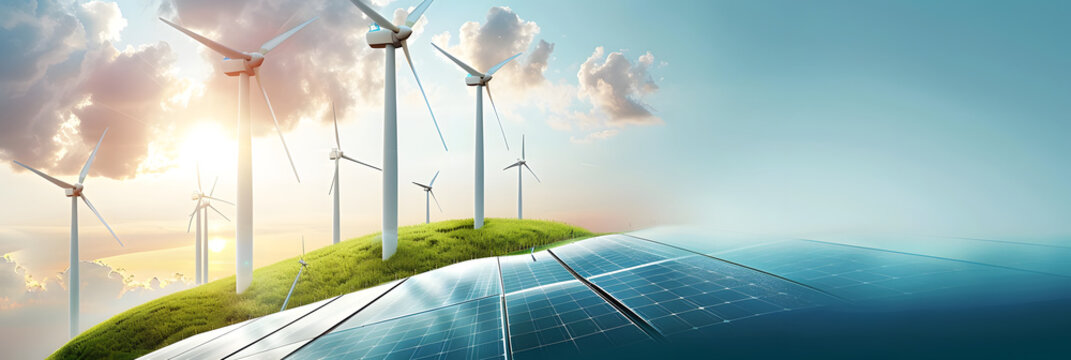 renewable energy banner background with green energy as wind turbines and solar panels
