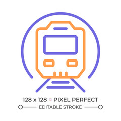 Metro train two color line icon. Subway station. Underground transit. Tunnel railway. Suburban rail system bicolor outline symbol. Duotone linear pictogram. Isolated illustration. Editable stroke