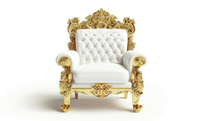 Golden luxury throne chair white leather seats isolated on white background