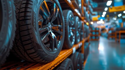 Fototapeta premium Close-up of Car Tires on Shelves in an Auto Parts Store - Generative AI