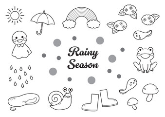 梅雨のイラスト素材セット　雨季　かわいい　モノクロ　線画