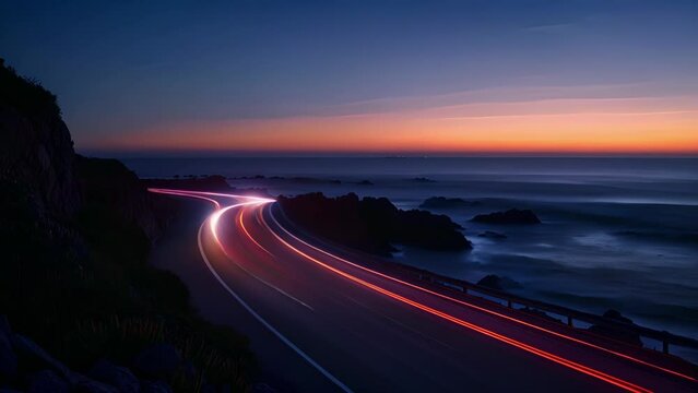 A peaceful harmony is created between the tranquil ocean and bustling light trails coexisting in perfect balance along the coast.