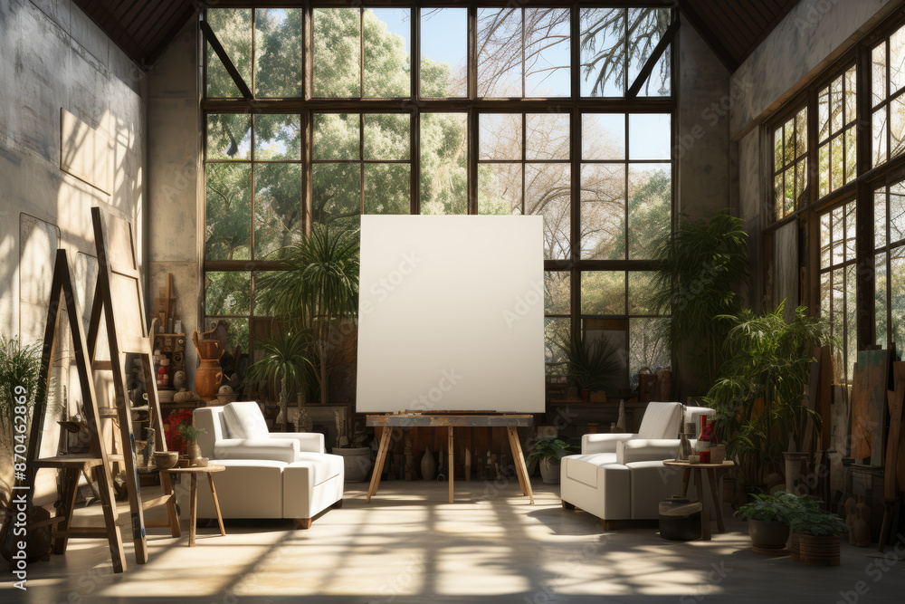 Canvas Prints An empty art studio with canvases waiting to be filled, bathed in the soft glow of natural light. Concept of creative solitude and artistic potential. Generative Ai.