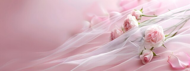Fresh pink roses, white veil and pink background. Romantic or wedding banner