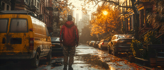 A Man On The Evening City Street. Illustration On The Theme Of The City And People, Infrastructure And Lifestyle.  Generative AI