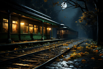 Obraz premium An abandoned railway station platform bathed in soft moonlight, where the only movement is the rustling of leaves. Concept of nocturnal silence and railway solitude. Generative Ai.