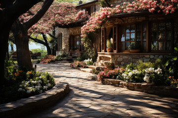 Fototapeta premium A quiet garden sanctuary with blooming flowers and winding pathways, offering a refuge from the outside world. Concept of botanical peace and horticultural harmony. Generative Ai.