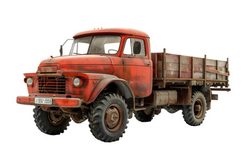 a red truck with large tires
