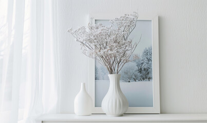 A delicate vase adorns a tall white window, resting on a white wooden table. A framed picture of a snowy landscape serves as the background