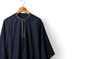 A stylish men's navy blue shalwar qamiz hanging on a wooden hanger against a white background.