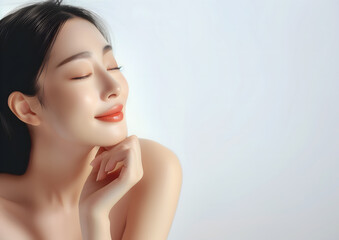 A beautiful young woman with white, smooth, clean skin, caressing it with her hands in a beautiful manner. Advertising concept for cosmetics, spas, beauty clinics, Generative AI