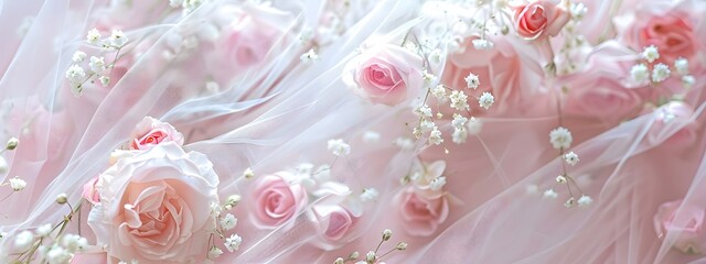 Fototapeta premium Fresh pink roses, white veil and pink background. Romantic or wedding banner