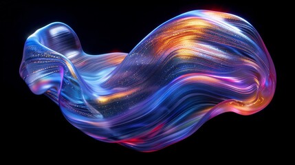 Vivid holographic iridescent liquid wavy blob shape on black backdrop shimmering with bright rainbow colors