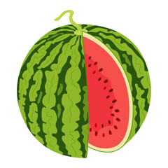 Ripe red cut watermelon. Hand drawn Trendy flat style isolated cut fruit organic natural dessert, healthy sweet red juicy Sliced summer fruit. Vector illustration