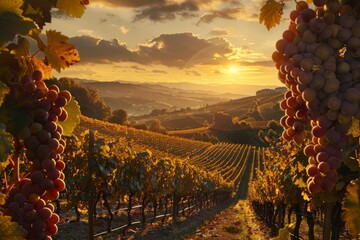 Sunset bathes an Italian vineyard in warm hues as a farmer tenderly gathers plump grapes in September