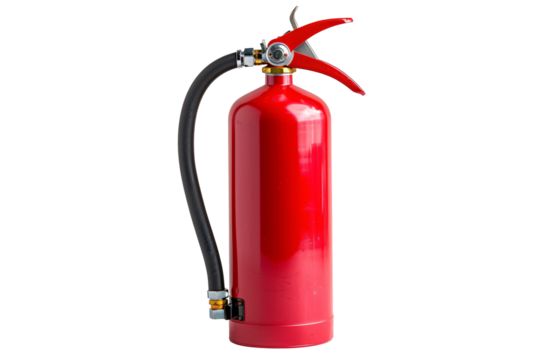 a red fire extinguisher with a hose