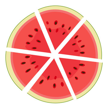 Ripe red cut segmented watermelon top view. Hand drawn Trendy flat style isolated cut fruit organic natural dessert, healthy sweet red juicy Sliced melon summer fruit. Vector illustration