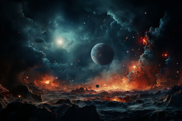 Obraz premium A collage of cosmic imagery, featuring celestial bodies, constellations, and space exploration themes, inviting viewers to ponder the mysteries of the universe. Generative Ai.