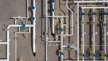 Aerial view natural gas pipeline, High pressure pipes gas plant pipelines, Industry natural gas pipeline with high pressure compressor station energy transportation infrastructure, Gas plant station.