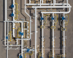 Aerial view natural gas pipeline, High pressure pipes gas plant pipelines, Industry natural gas...