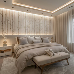 Modern bedroom large bed soft headboard floor ceiling window wall vertical lines soft light Cozy Ambiance Interior Design Concept 