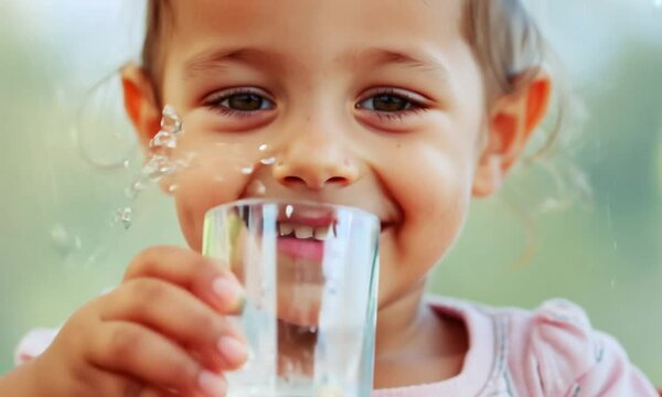  headshot of a thirsty small cute Caucasian girl sitting at a table, drinking fresh cool still clear water, preventing dehydration at home, happy child enjoying healthcare routine in the kitchen