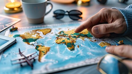 Traveler planning a trip using a world map. Concept of travel, exploration, and adventure. Close-up of hand pointing at map with travel items around.