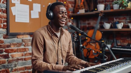 Obraz premium The musician singing at keyboard