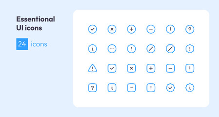 Essential icon collection for ui. Vector two color flat illustration set. Basic user interface black and blue symbols isolated on white background. Design element