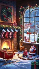 Fototapeta premium Merry Christmas (Illustration-typography) Santa Cluas, Rendier, Snowmen, Gifts. kids