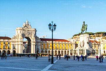Fototapeta premium Commerce Square or Praça do Comércio with statue of Dom José I, King on horse is symbolically crushing snakes on his path.