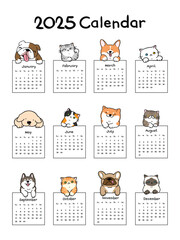 Calendar 2025 Collection with Vector Illustration of Cute Cartoon Cat and Dog Character Design