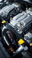Fototapeta premium Close-up of a modern car engine with visible components and intricate details, showcasing engineering and automotive excellence.