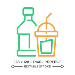Beverages two color line icon. Soft drink. Glass bottle. Cocktail party. Restaurant menu. Product category bicolor outline symbol. Duotone linear pictogram. Isolated illustration. Editable stroke