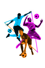 Creative collage with monochrome people, men, soccer players in motion with football ball isolated on white background. Concept of sport, active lifestyle, competition, tournament. Poster