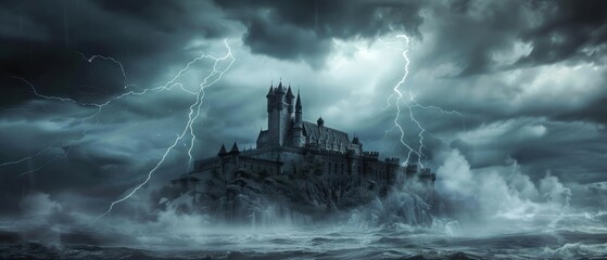 Fototapeta premium Dark castle shrouded in storm clouds, lightning striking, perfect for horror, ominous atmosphere