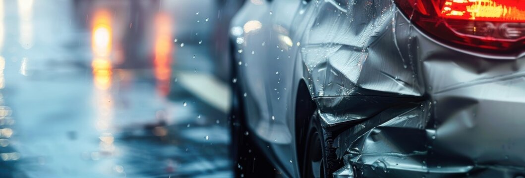 Damaged silver car rear, close-up, wet from rain, blurred moving traffic backdrop