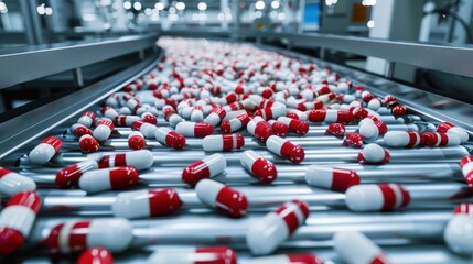 Fototapeta premium The red and white capsules on conveyor