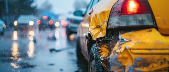 Obraz premium Close-up of yellow car s rear damage, rain-soaked, blurred traffic, accident scene