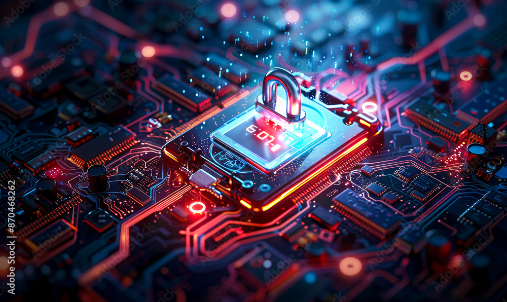 Poster computer motherboard circuit board with padlock login security verification | cybersecurity, data pr