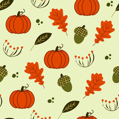 Design of autumn seamless pattern from elements of oak leaves, cherry, acorn, flowering twig, pumpkin. Bright pattern in flat style. For fabric, wrapping paper, wallpaper, as a background