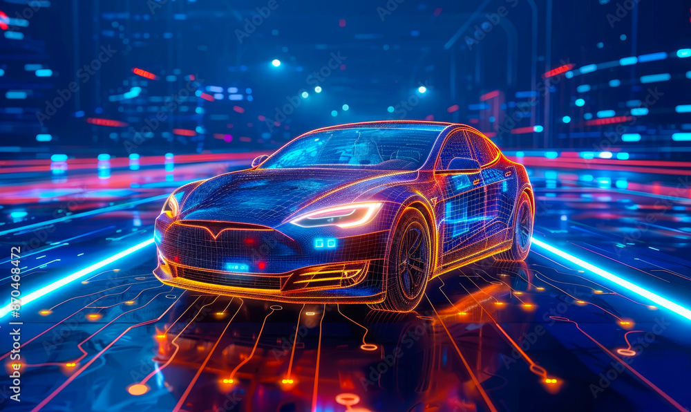 Poster futuristic autonomous car on digital highway - smart vehicle with interface graphics