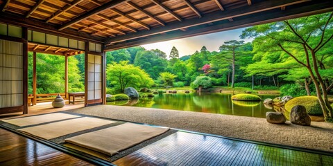 Fototapeta premium A peaceful setting in nature, perfect for relaxation and mindfulness, serene, tranquil, peaceful, calm, meditation