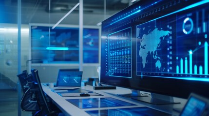 Futuristic Holographic Trade Execution Interface in Sleek Blue Office Setting