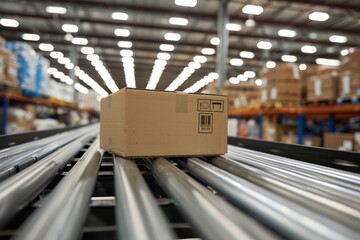 Efficient logistics: automatic conveyor belt with cardboard boxes in spacious warehouse, close-up