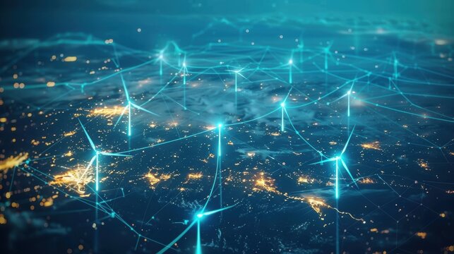 A network of renewable energy sources like solar and wind connecting continents, illustrating global sustainability efforts